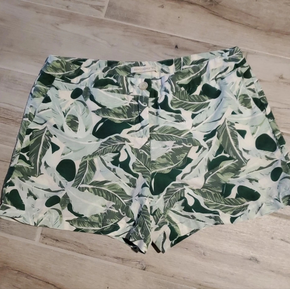 Saint Tropez West Tropical Linen Cotton Shorts Green Palm Leaf Print Sz 8